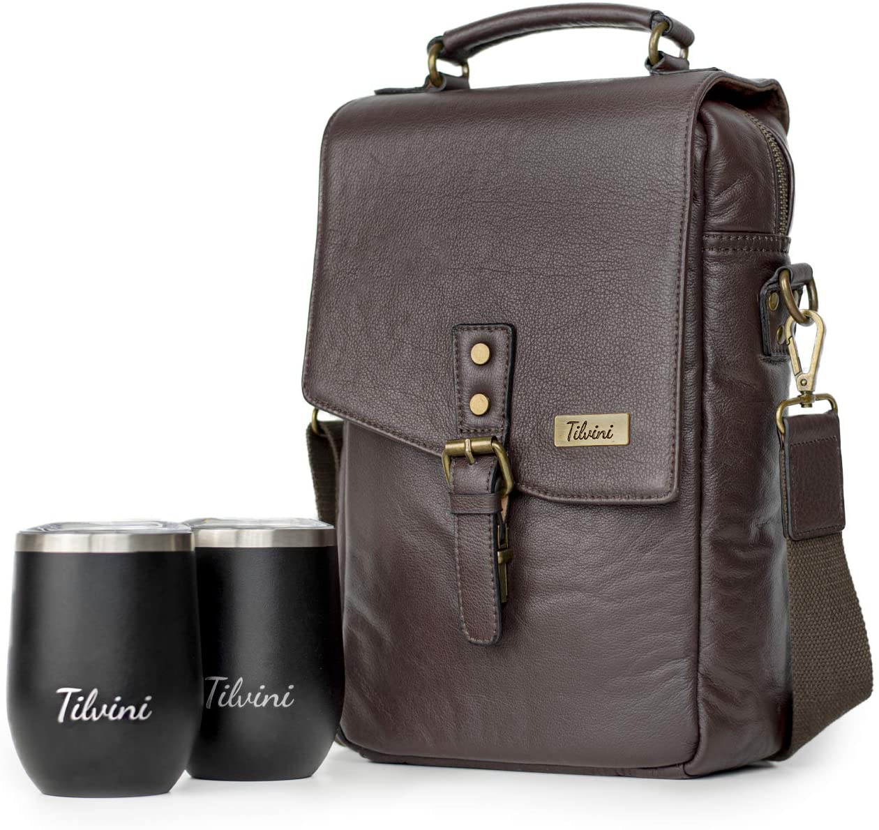 Image of Genuine Leather Wine Bag With 2 Stainless Steel Wine Tumblers