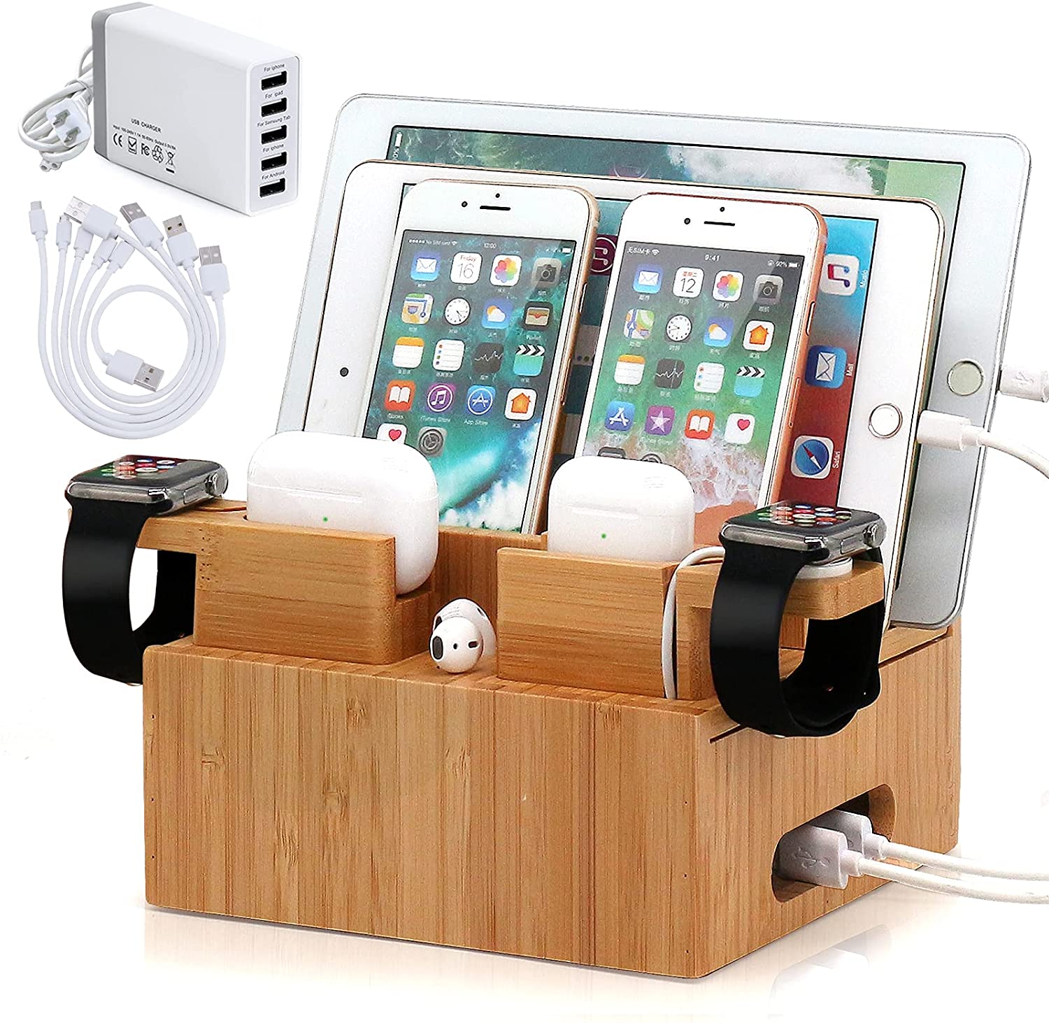 Image of Bamboo Charging Station Organizer For Multiple Devices